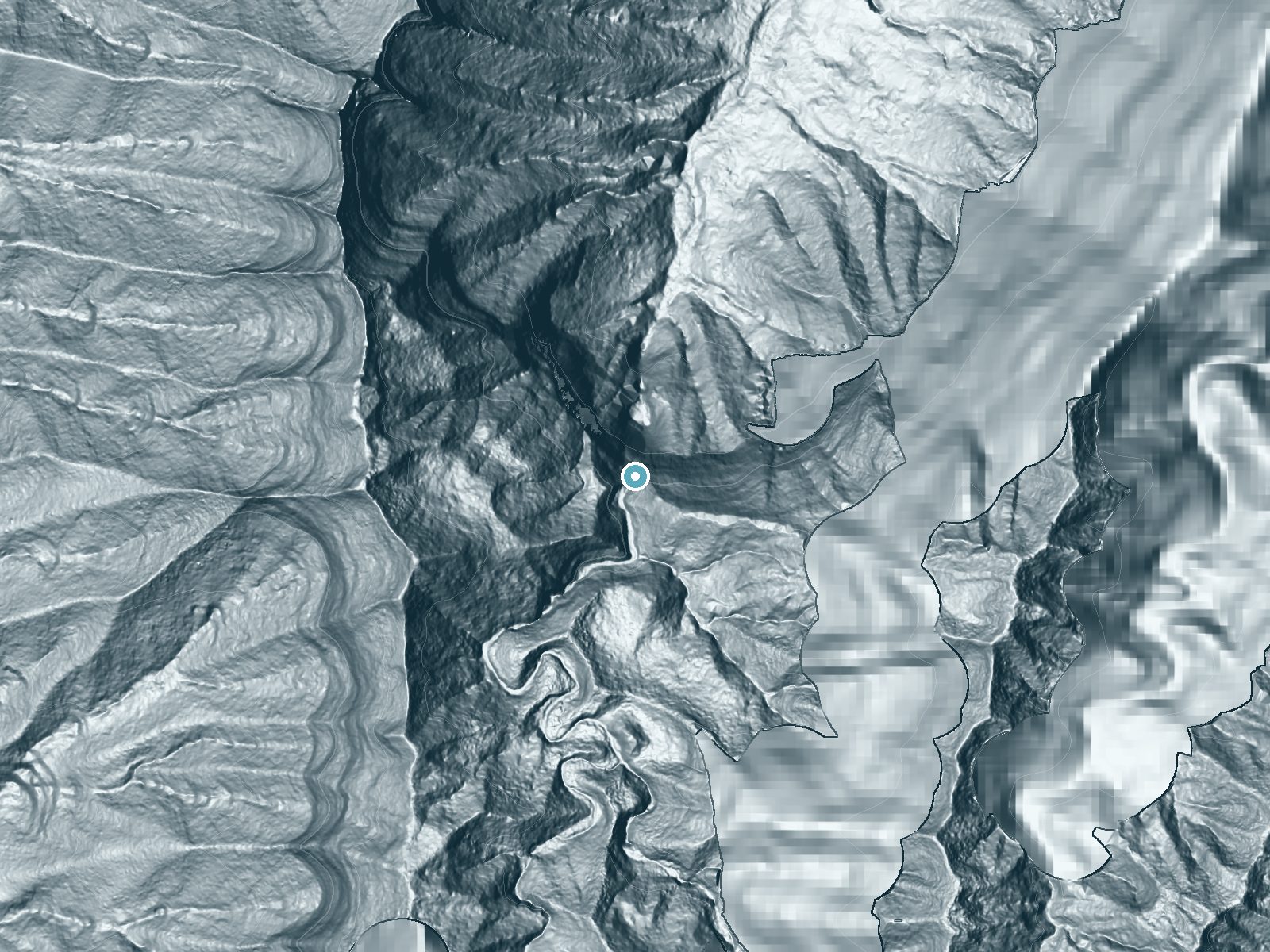 LiDAR bare-earth terrain around Limahuli Falls near Wainiha, Hawaii, showing about 749 feet of drop, a single sheer drop, facing north