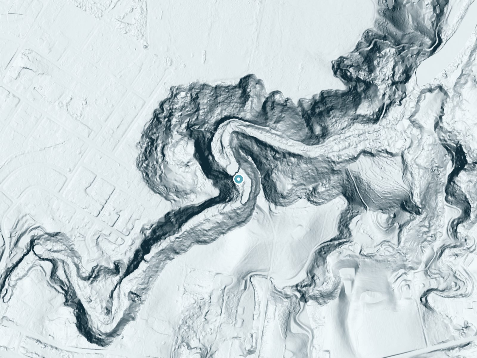 LiDAR bare-earth terrain around Kīlauea Falls near Kilauea, Hawaii, showing about 187 feet of drop, a single sheer drop, facing northwest