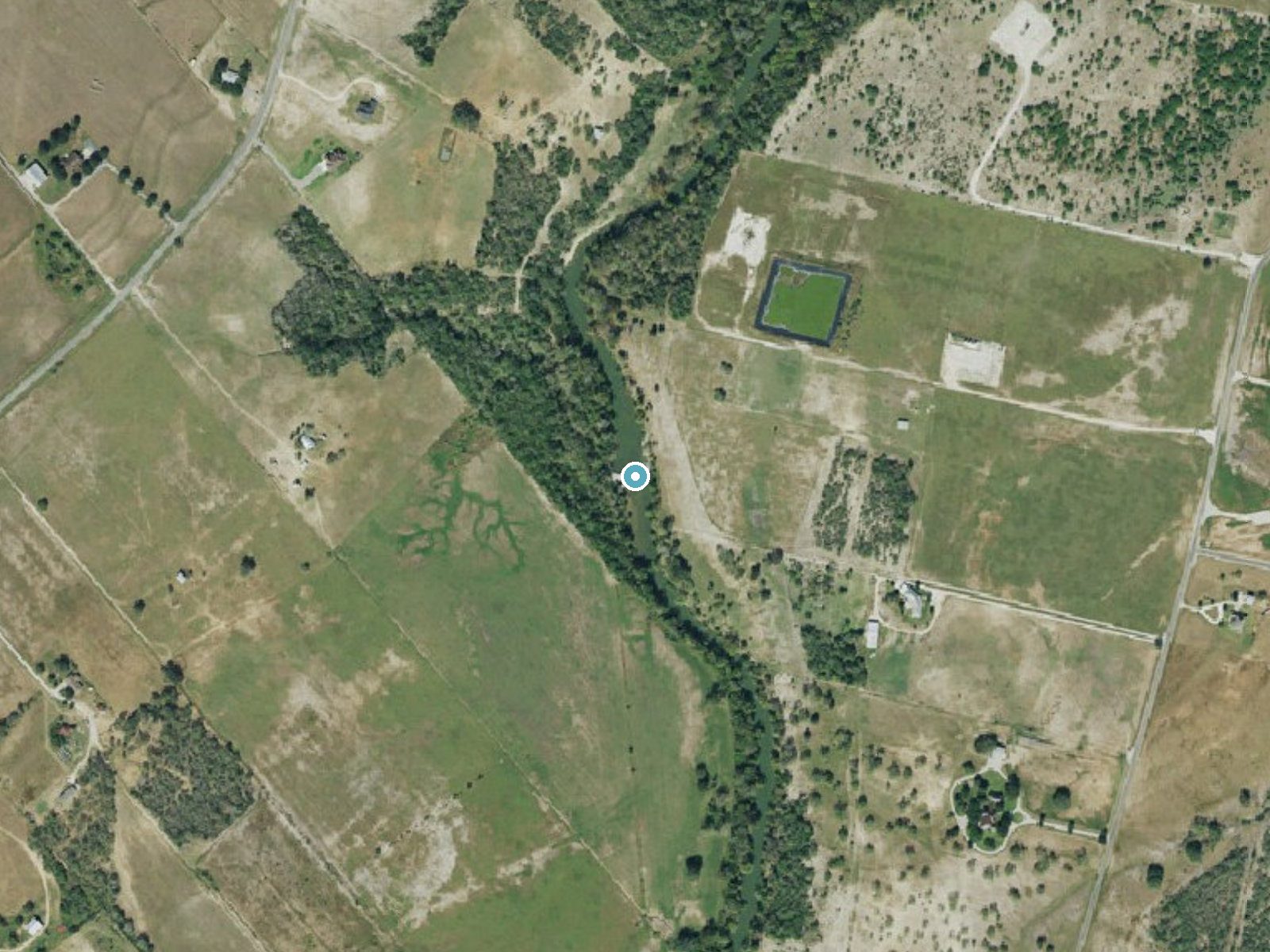 Aerial photo of the same ground around Skiles Falls near Falls City, Texas, for comparison with the lidar view