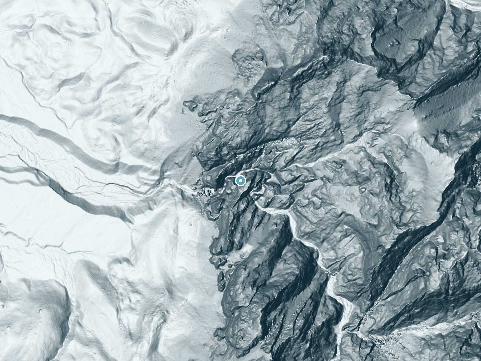 LiDAR bare-earth terrain around Cattail Falls near Terlingua, Texas, showing about 419 feet of drop, a single sheer drop, facing northwest