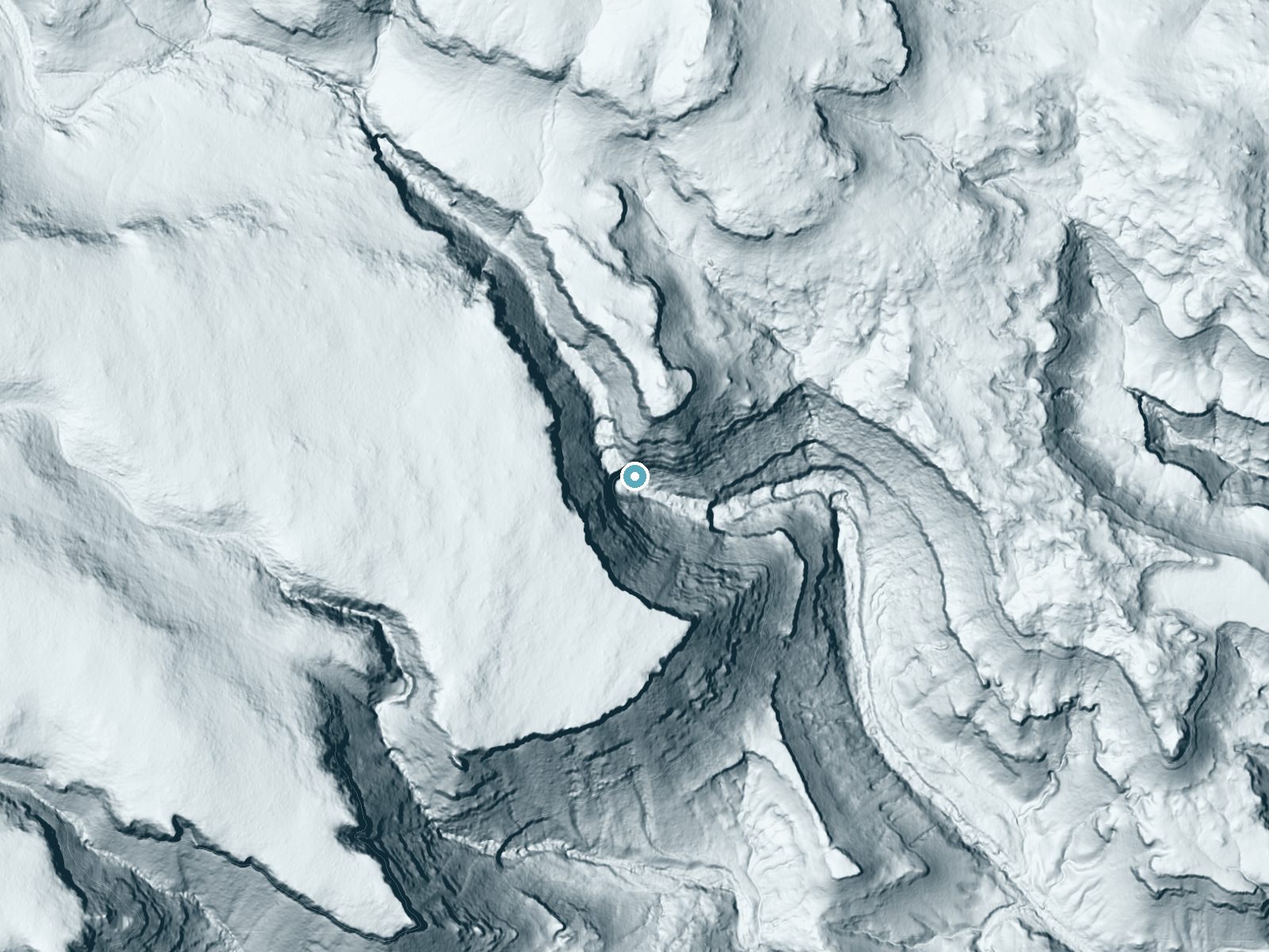 LiDAR bare-earth terrain around Madrid Falls near Study Butte, Texas, showing about 305 feet of drop, a single sheer drop, facing southeast