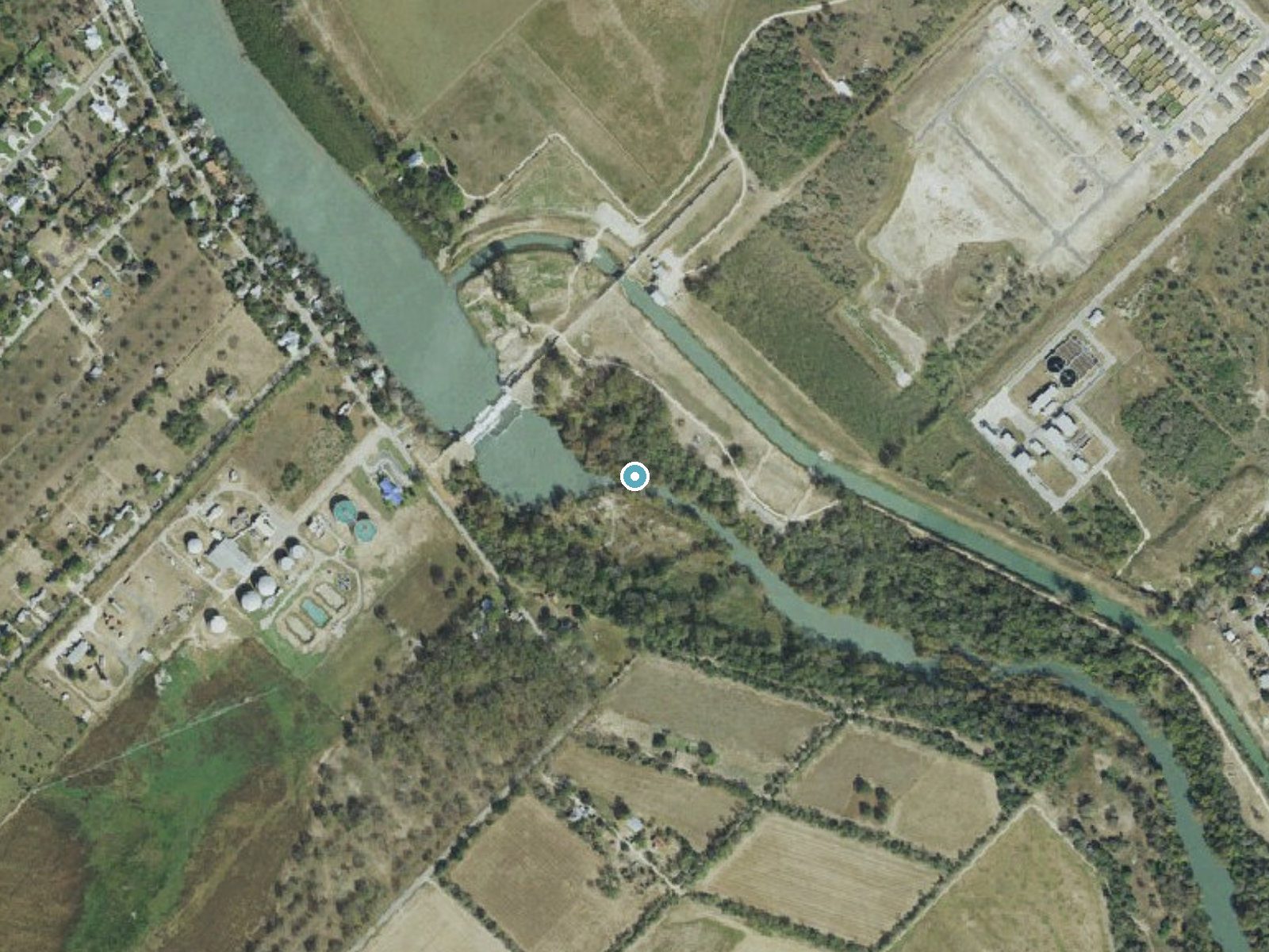 Aerial photo of the same ground around Dittmar Falls near Lake Dunlap, Texas, for comparison with the lidar view