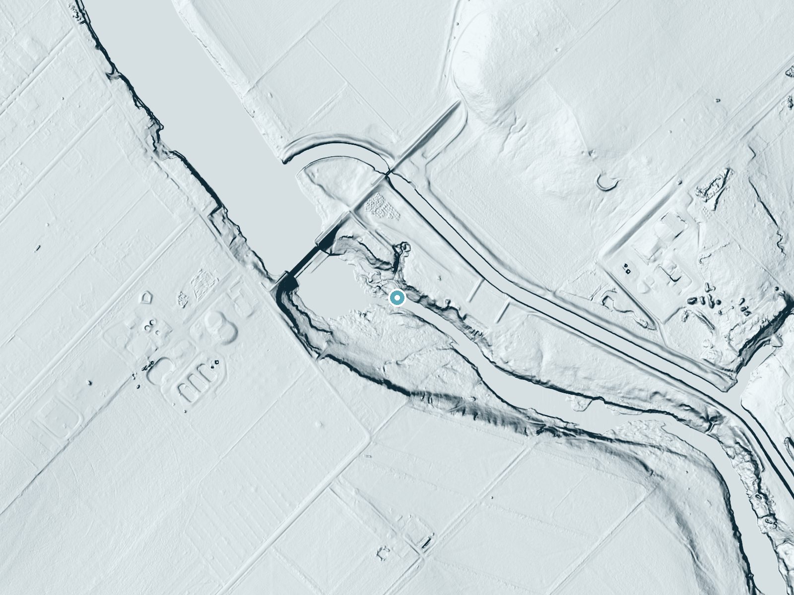 LiDAR bare-earth terrain around Dittmar Falls near Lake Dunlap, Texas, showing about 43 feet of drop, a steep tiered drop, facing southwest