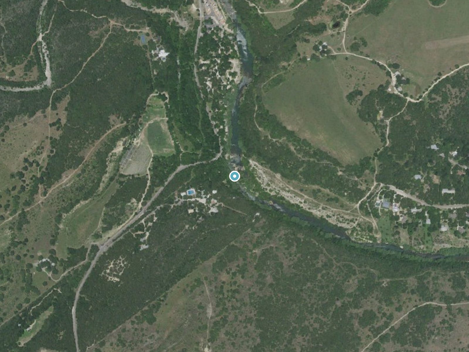 Aerial photo of the same ground around Slumber Falls near New Braunfels, Texas, for comparison with the lidar view