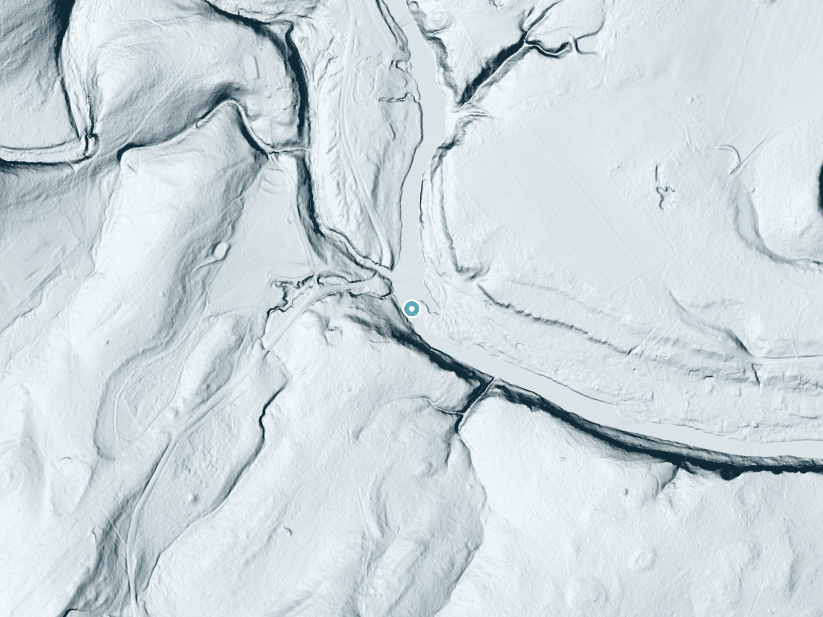 LiDAR bare-earth terrain around Slumber Falls near New Braunfels, Texas, showing about 72 feet of drop, a long cascade, facing northeast