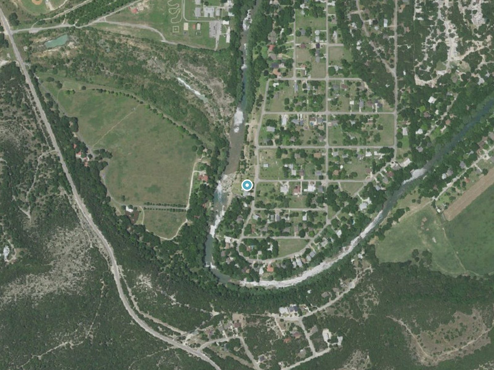 Aerial photo of the same ground around Horseshoe Falls near Canyon Lake, Texas, for comparison with the lidar view