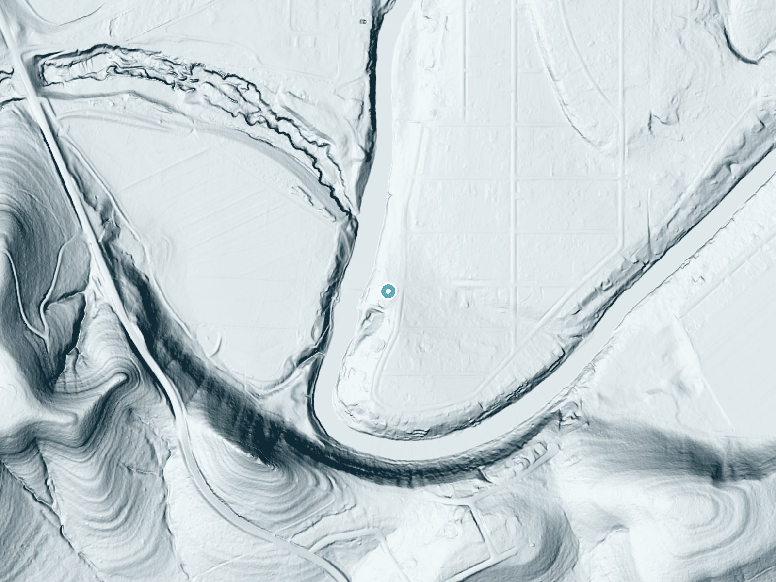 LiDAR bare-earth terrain around Horseshoe Falls near Canyon Lake, Texas, showing about 40 feet of drop, a long cascade, facing northwest