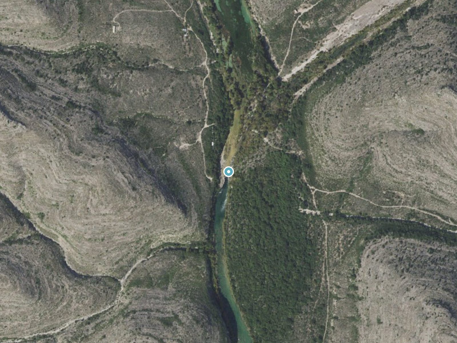 Aerial photo of the same ground around Dolan Falls near Lake View, Texas, for comparison with the lidar view