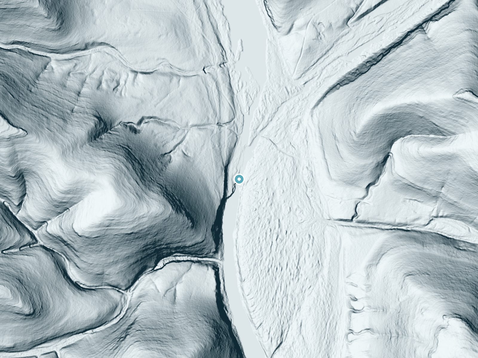 LiDAR bare-earth terrain around Dolan Falls near Lake View, Texas, showing about 59 feet of drop, a steep tiered drop, facing east