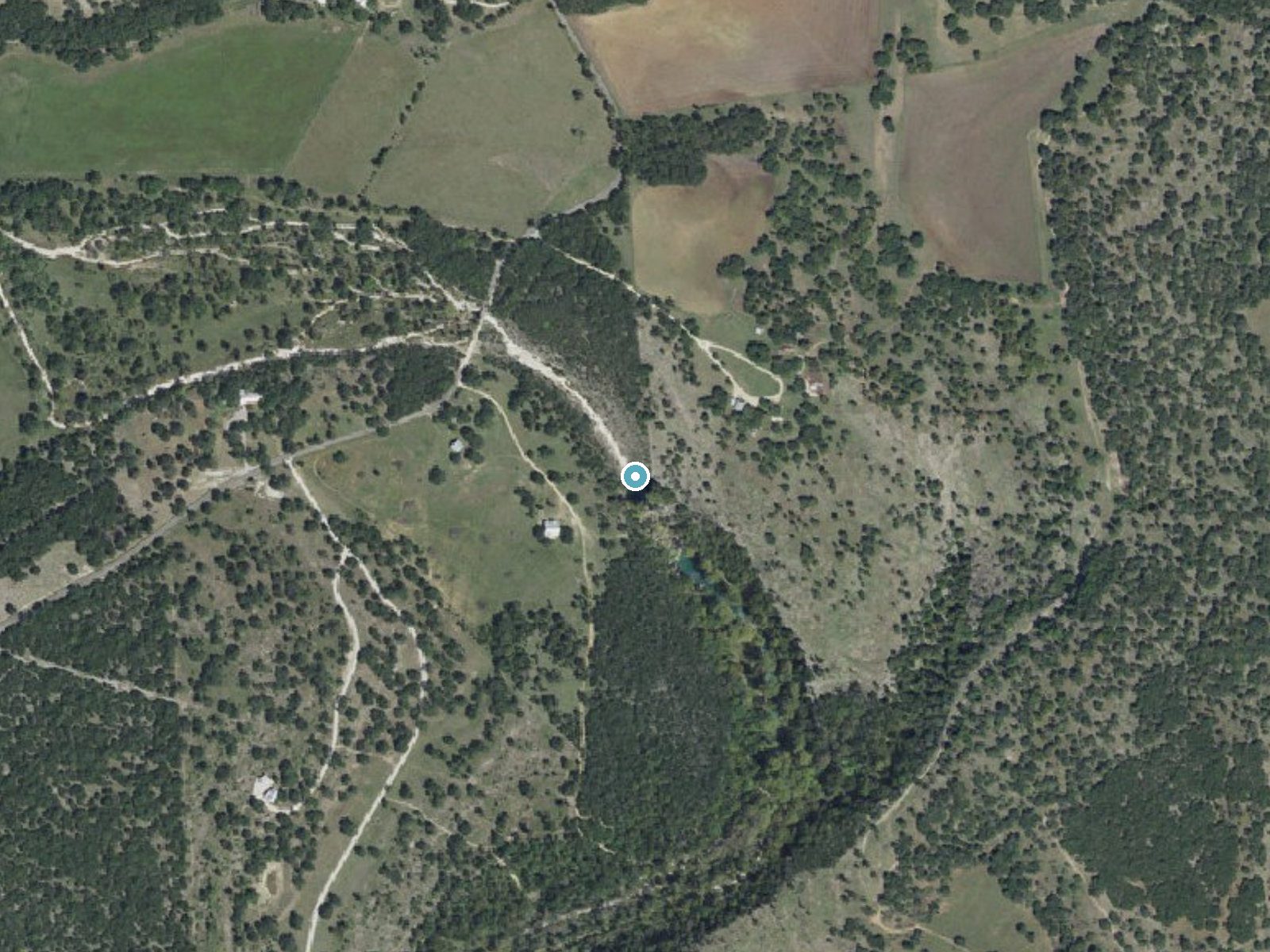 Aerial photo of the same ground around Edge Falls near Spring Branch, Texas, for comparison with the lidar view