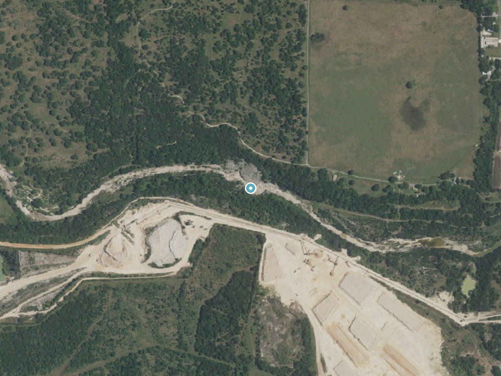 Aerial photo of the same ground around Barber Falls near Buda, Texas, for comparison with the lidar view