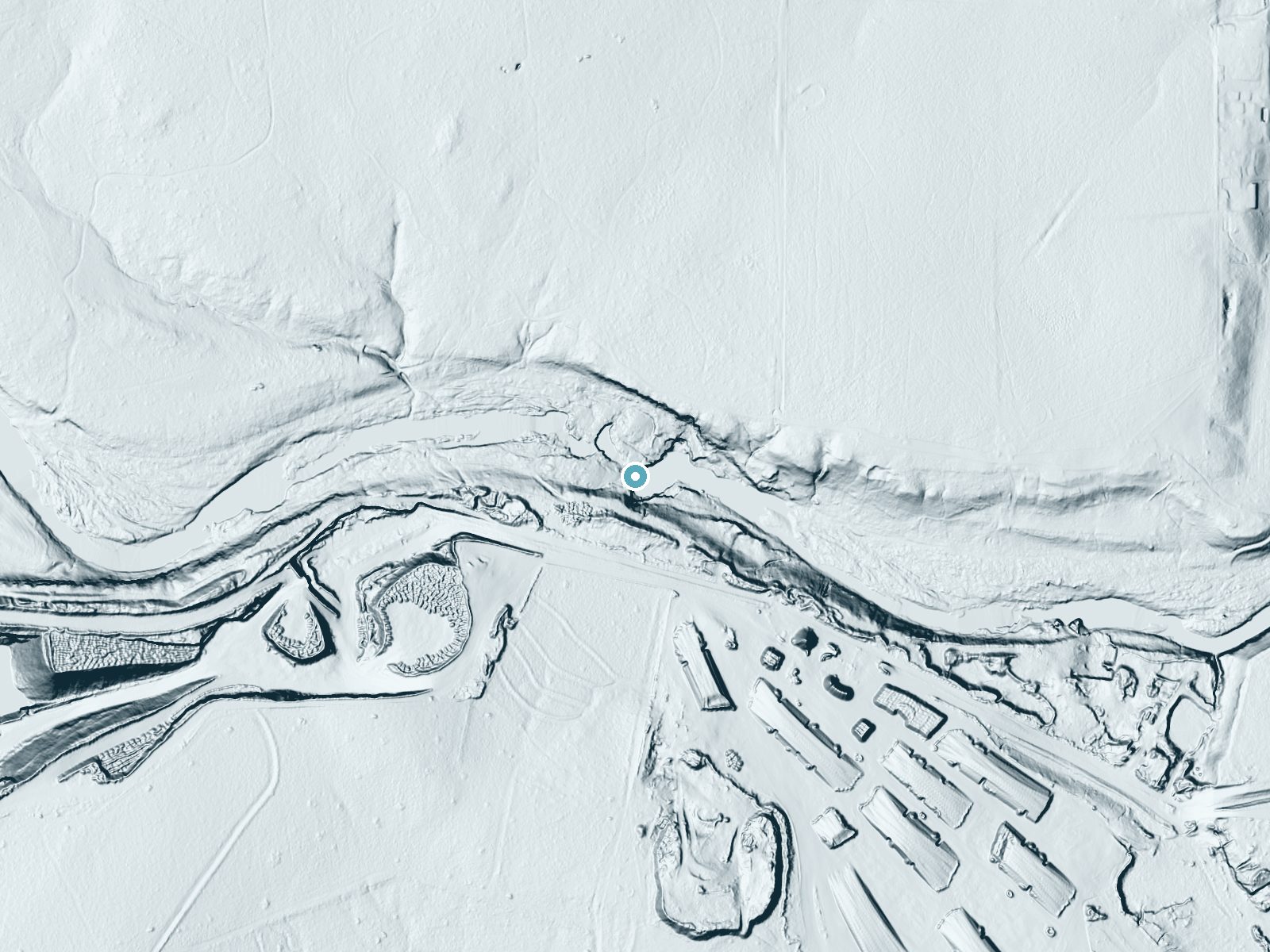 LiDAR bare-earth terrain around Barber Falls near Buda, Texas, showing about 61 feet of drop, a long cascade, facing northeast