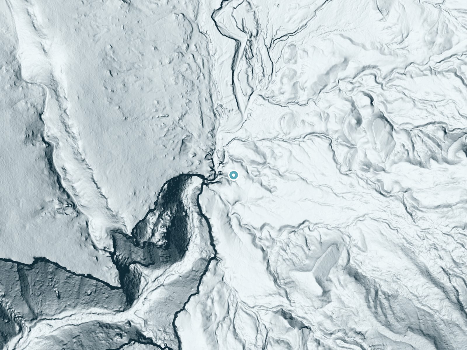 LiDAR bare-earth terrain around Capote Falls near Valentine, Texas, showing about 65 feet of drop, a long cascade, facing northwest
