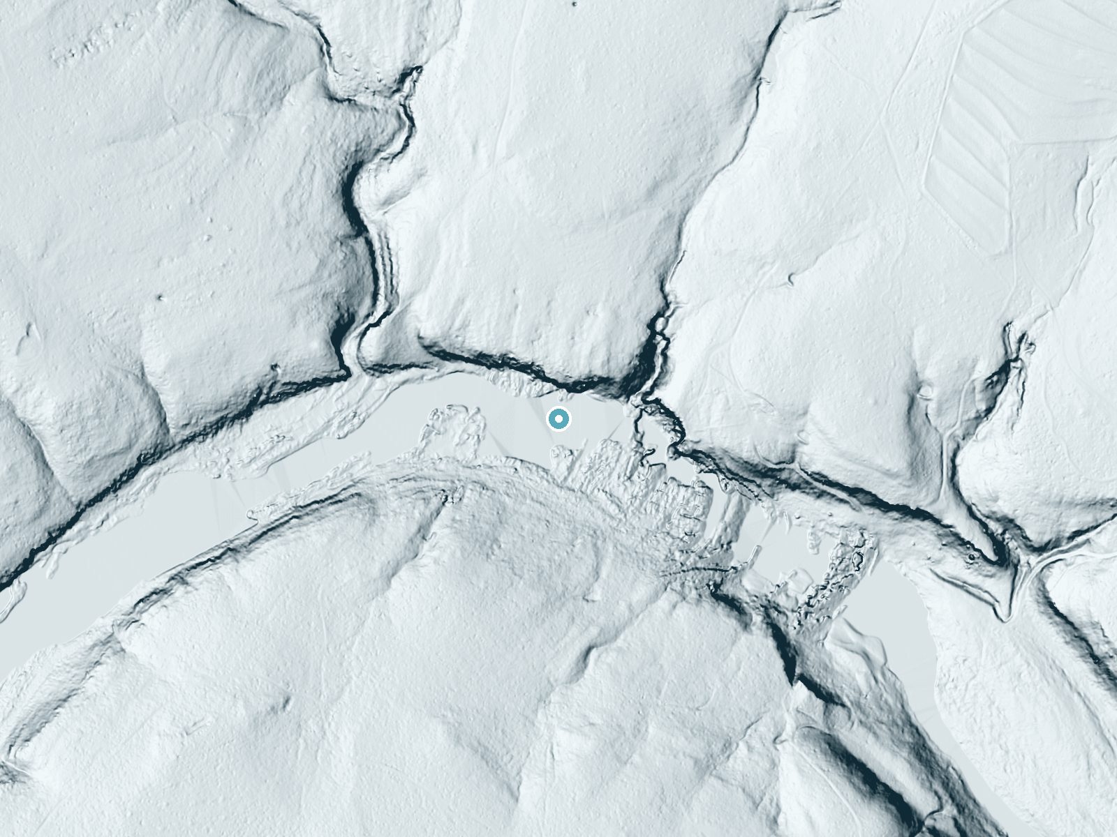 LiDAR bare-earth terrain around Pedernales Falls near Round Mountain, Texas, showing about 74 feet of drop, a steep tiered drop, facing south