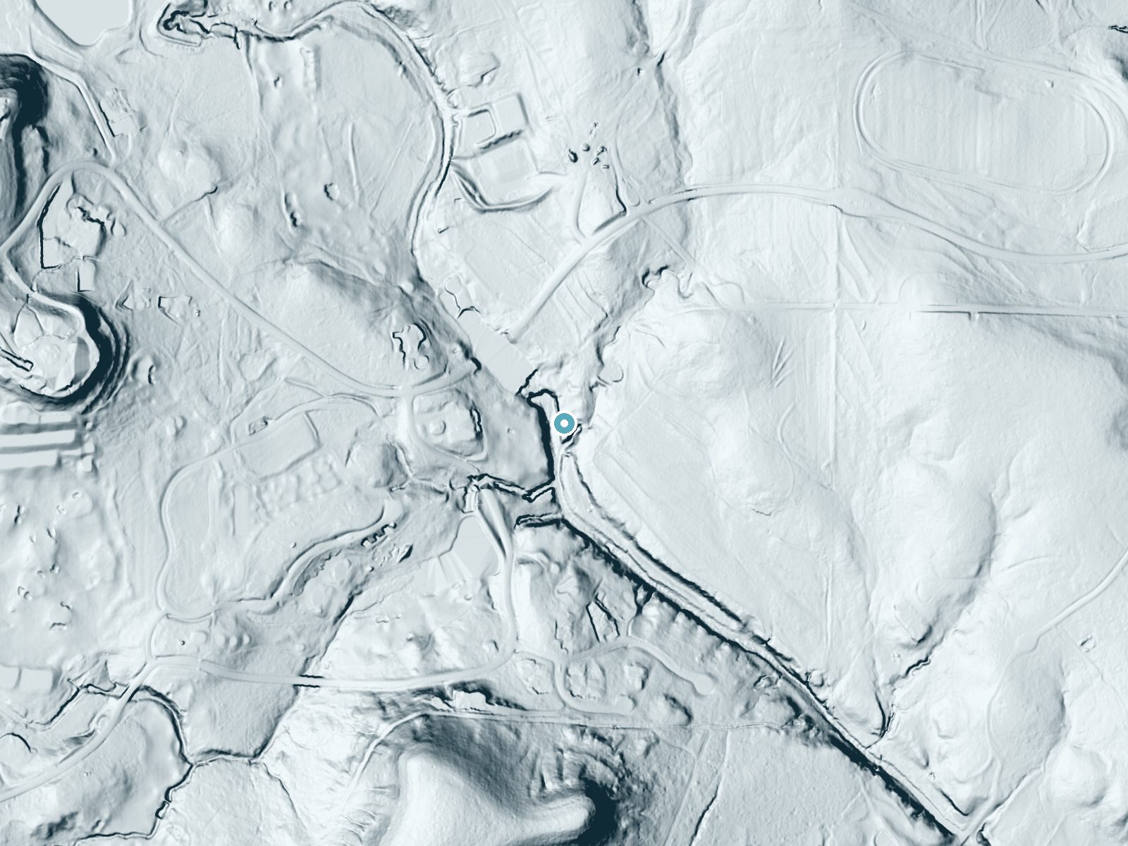 LiDAR bare-earth terrain around Roos Falls near Fredericksburg, Texas, showing about 39 feet of drop, a long cascade, facing southwest