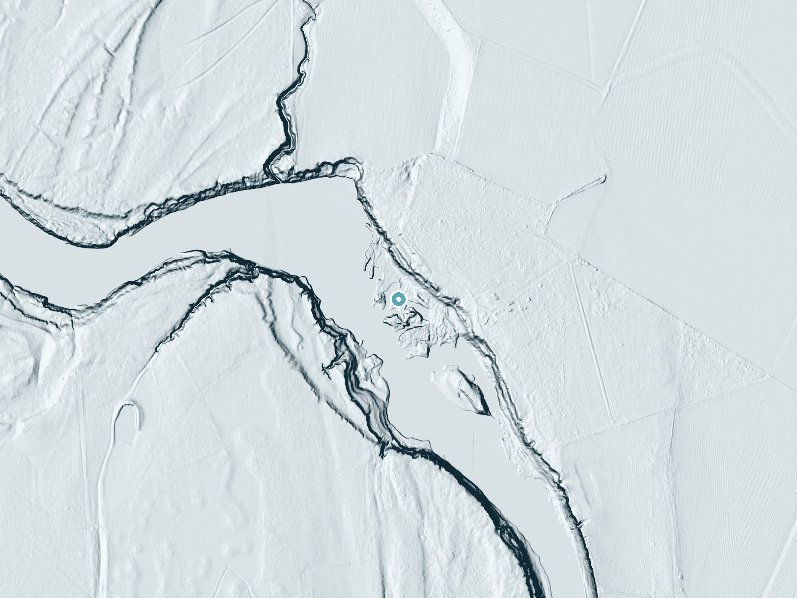 LiDAR bare-earth terrain around Hidalgo Falls near Navasota, Texas, showing about 42 feet of drop, a long cascade, facing southwest
