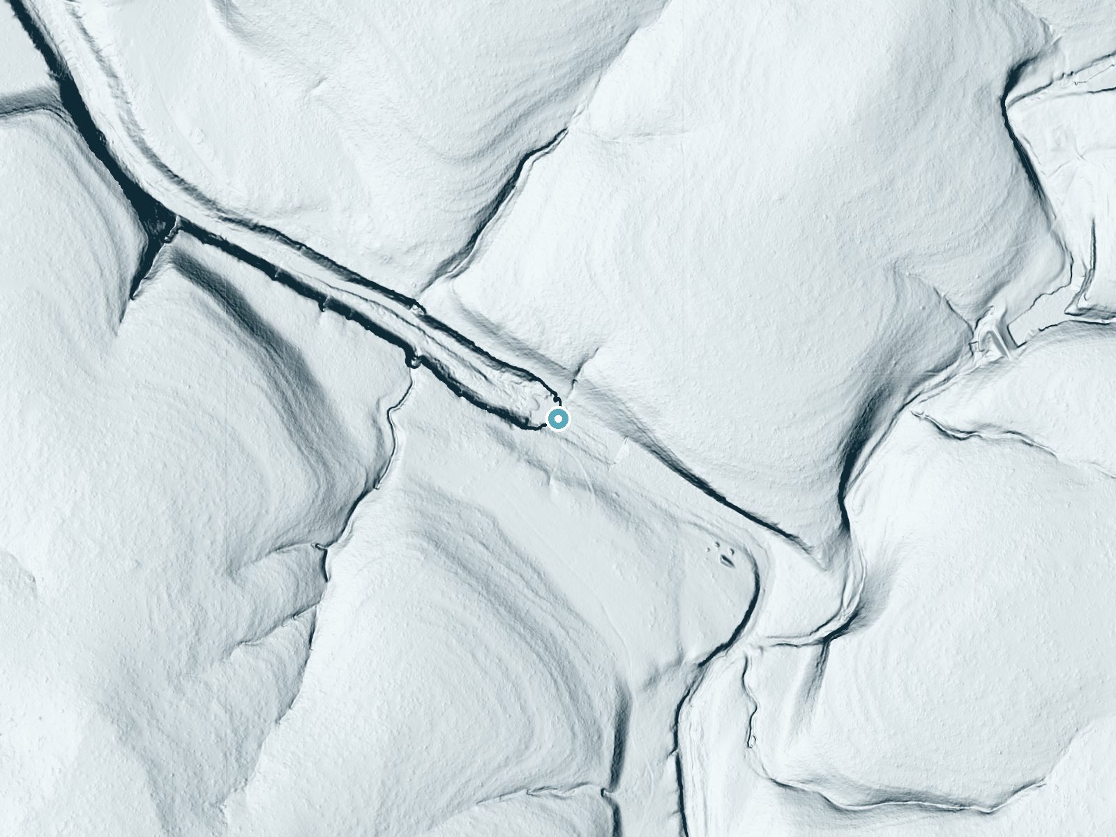 LiDAR bare-earth terrain around The Falls near Harper, Texas, showing about 82 feet of drop, a steep tiered drop, facing west