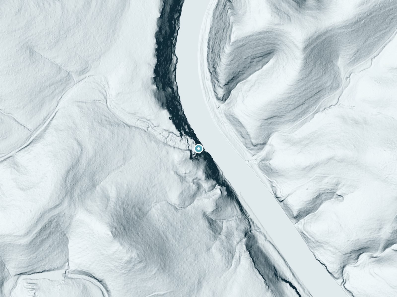 LiDAR bare-earth terrain around Post Oak Falls near Tow, Texas, showing about 200 feet of drop, a single sheer drop, facing northeast