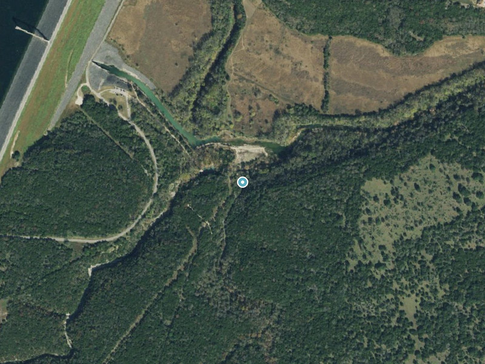 Aerial photo of the same ground around Chalk Ridge Falls near Salado, Texas, for comparison with the lidar view