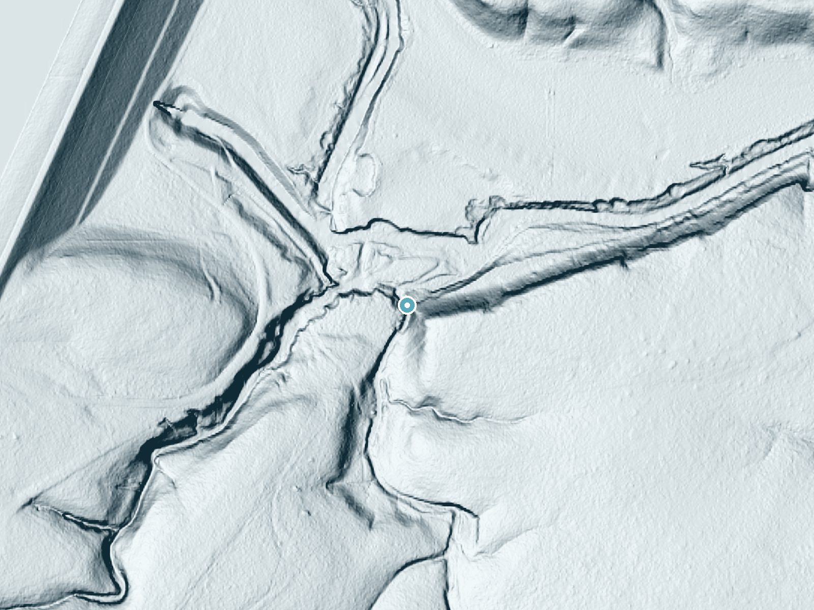 LiDAR bare-earth terrain around Chalk Ridge Falls near Salado, Texas, showing about 117 feet of drop, a steep tiered drop, facing northwest