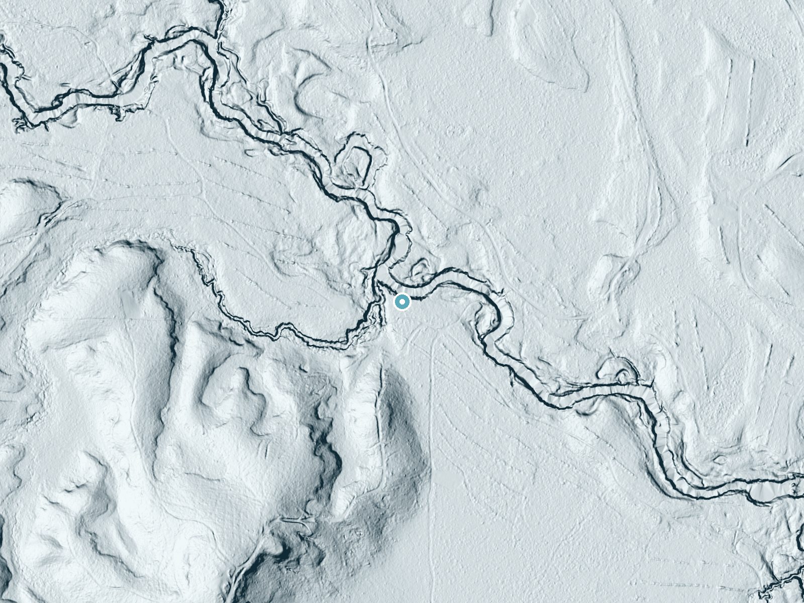 LiDAR bare-earth terrain around Cedar Creek Falls near Movico, Alabama, showing about 17 feet of drop, a long cascade, facing northwest