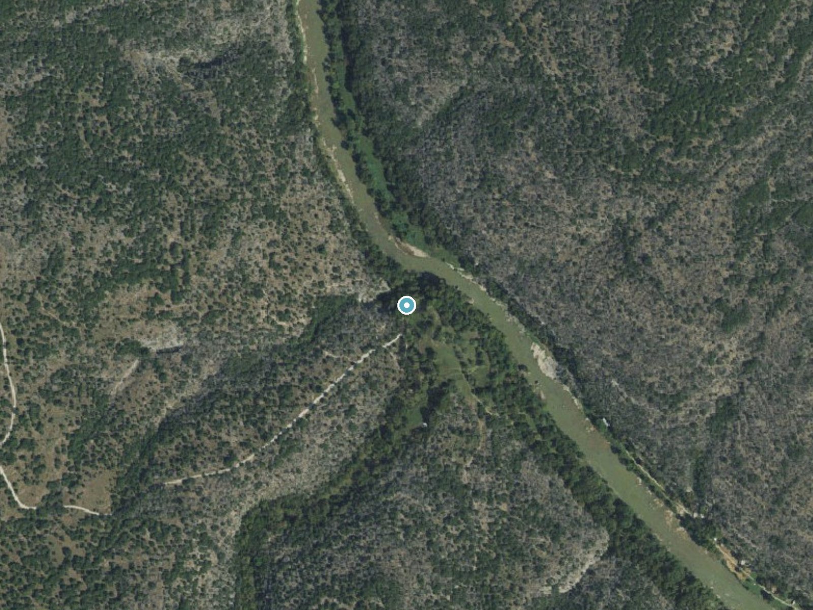 Aerial photo of the same ground around Gorman Falls near Tow, Texas, for comparison with the lidar view
