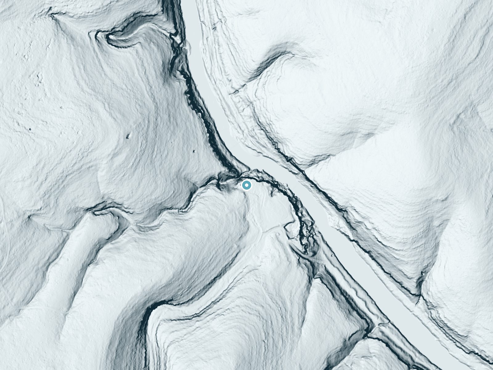 LiDAR bare-earth terrain around Gorman Falls near Tow, Texas, showing about 113 feet of drop, a steep tiered drop, facing north