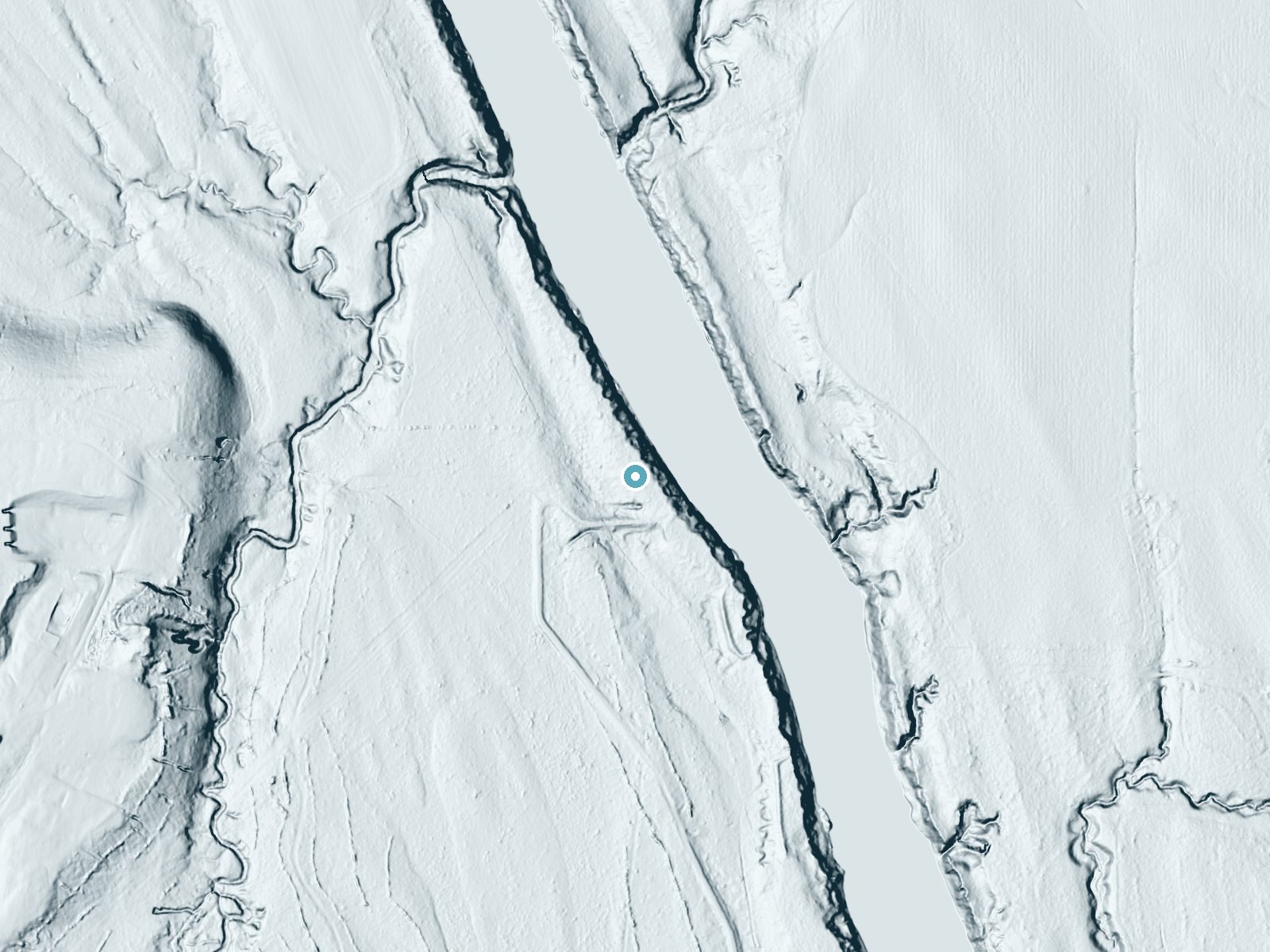 LiDAR bare-earth terrain around Rock Falls near Columbia, Alabama, showing about 43 feet of drop, a steep tiered drop, facing northeast