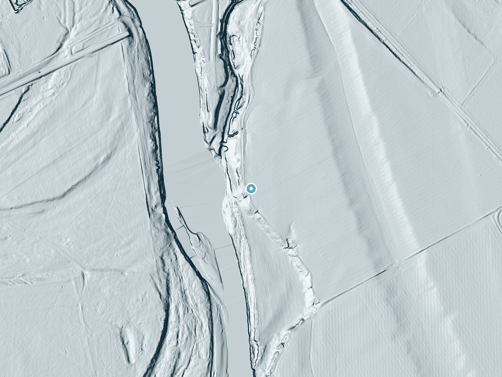 LiDAR bare-earth terrain around The Falls near Marlin, Texas, showing about 27 feet of drop, a long cascade, facing west