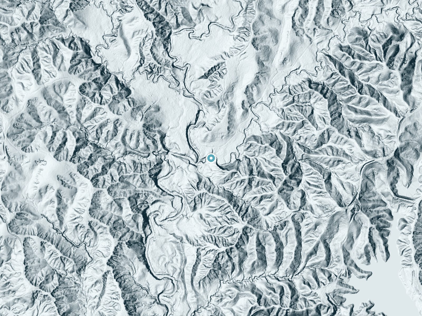 LiDAR bare-earth terrain around Scutchalo Falls near Utica, Mississippi, showing about 58 feet of drop, a long cascade, facing west