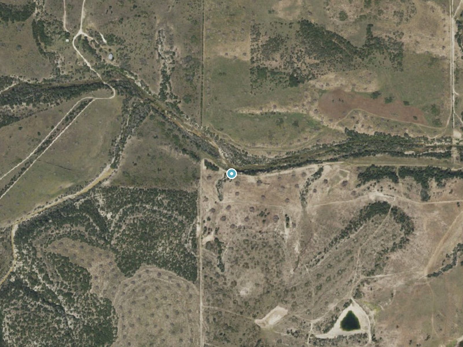 Aerial photo of the same ground around Butman Falls near Wingate, Texas, for comparison with the lidar view