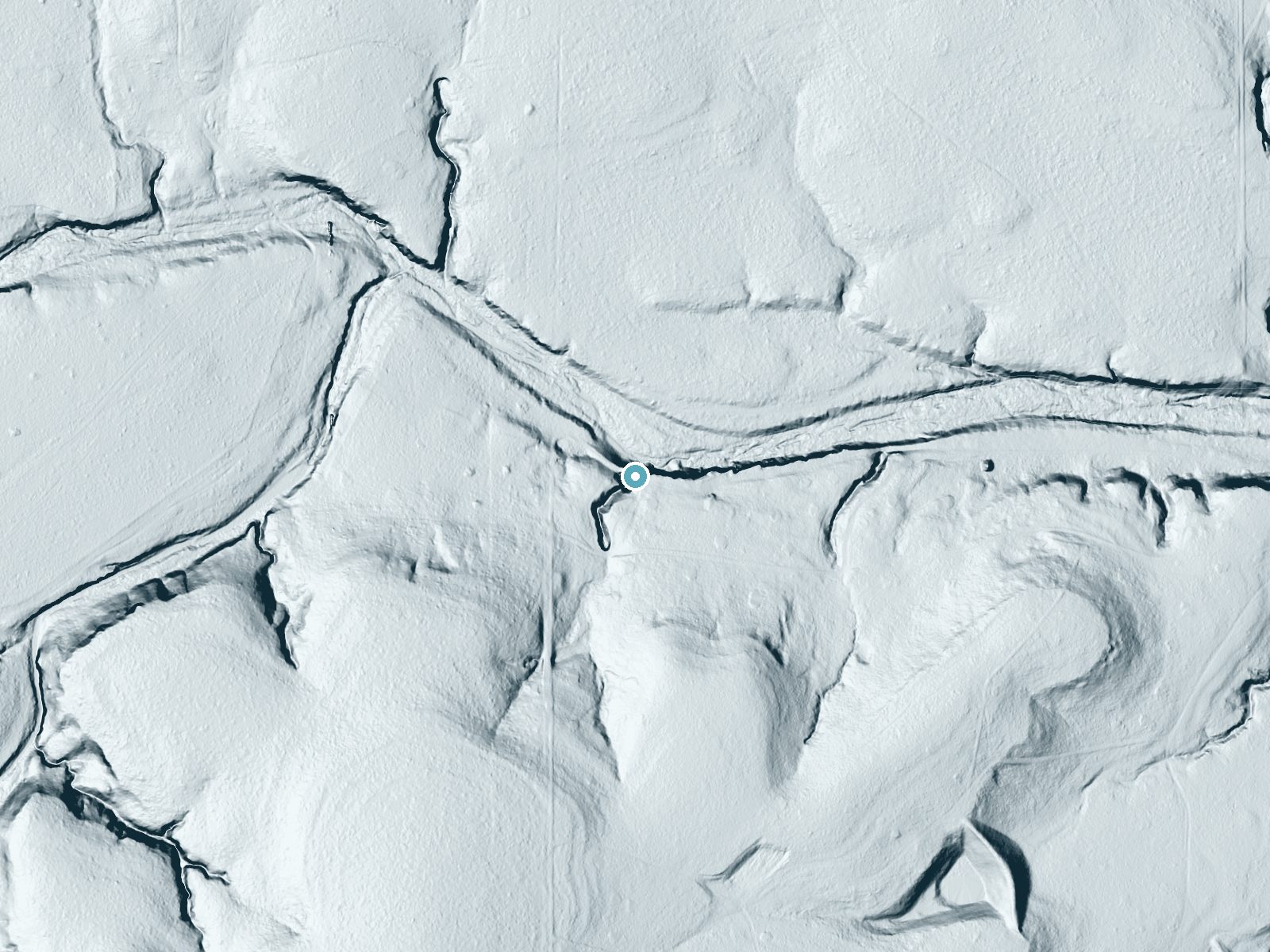 LiDAR bare-earth terrain around Butman Falls near Wingate, Texas, showing about 50 feet of drop, a long cascade, facing north
