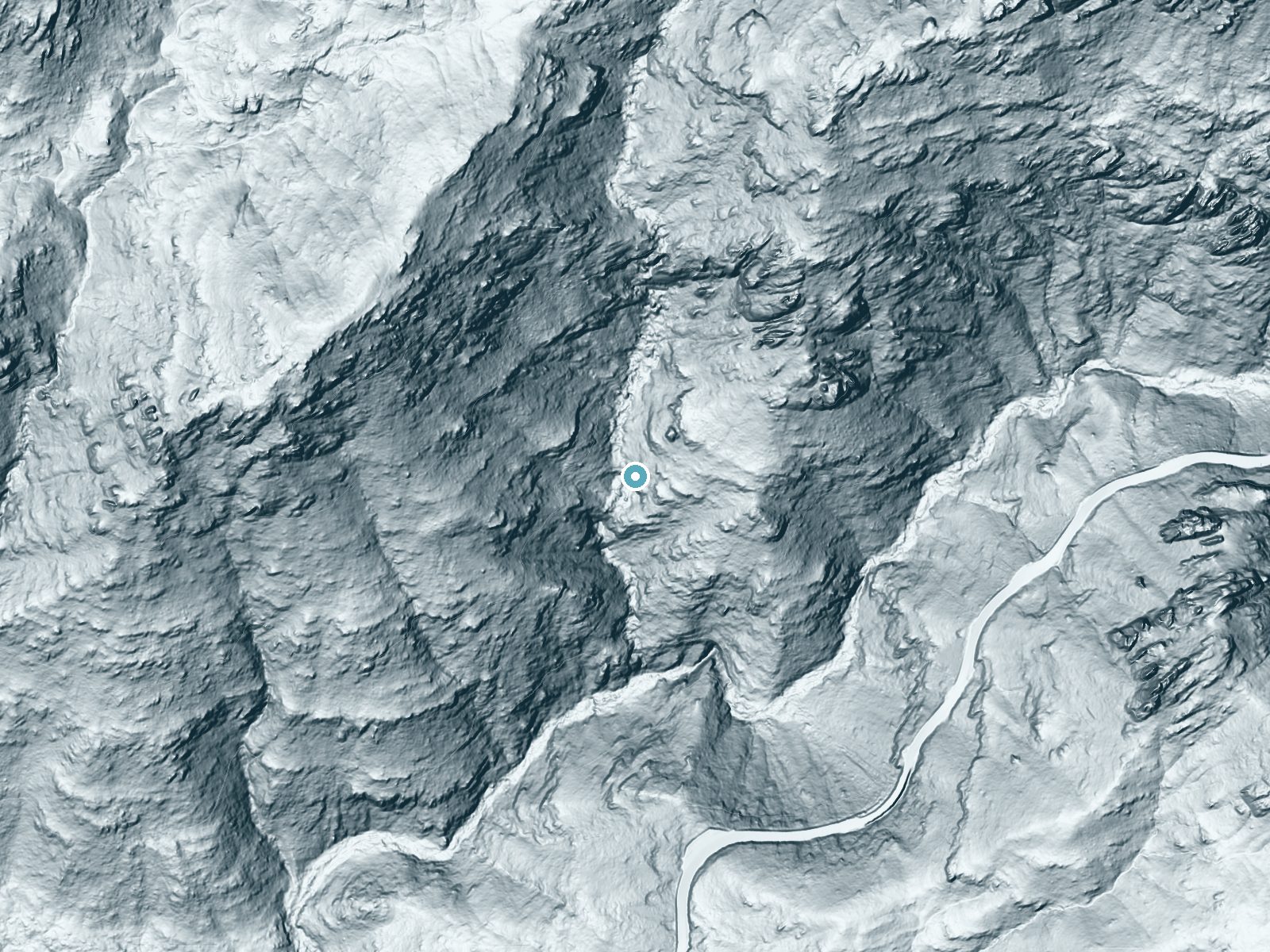 LiDAR bare-earth terrain around Seven Cataracts near Tanque Verde, Arizona, showing about 338 feet of drop, a steep tiered drop, facing southwest