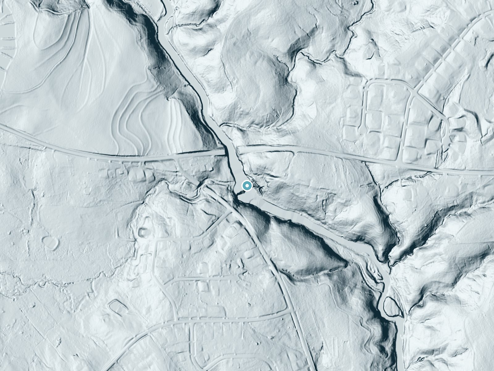 LiDAR bare-earth terrain around Great Falls near Smiths Station, Alabama, showing about 62 feet of drop, a long cascade, facing south