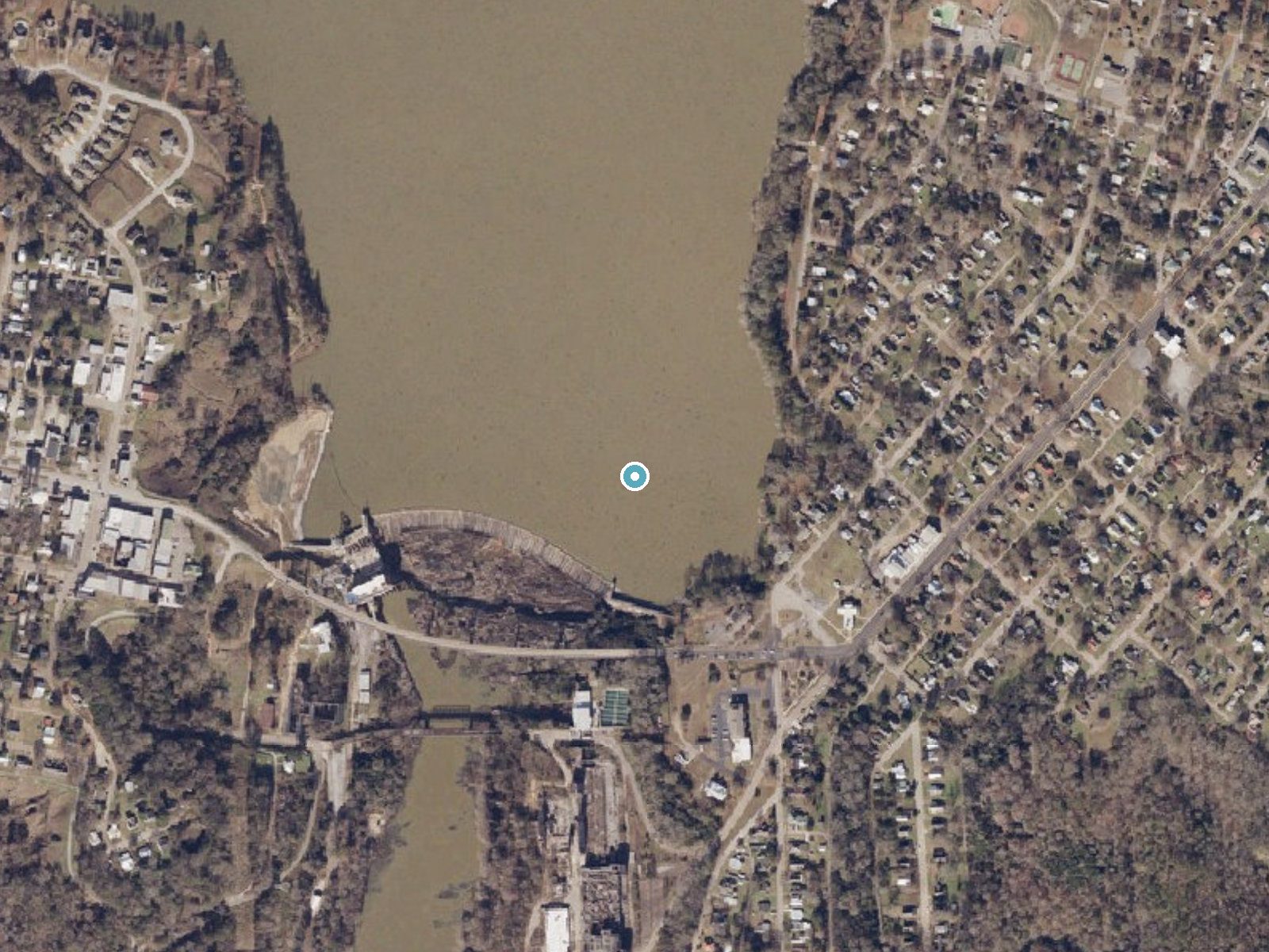 Aerial photo of the same ground around Tallapoosa Falls (historical) near Tallassee, Alabama, for comparison with the lidar view