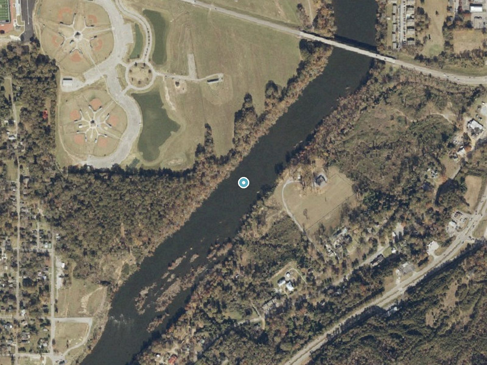 Aerial photo of the same ground around Wetumpka Falls near Wetumpka, Alabama, for comparison with the lidar view