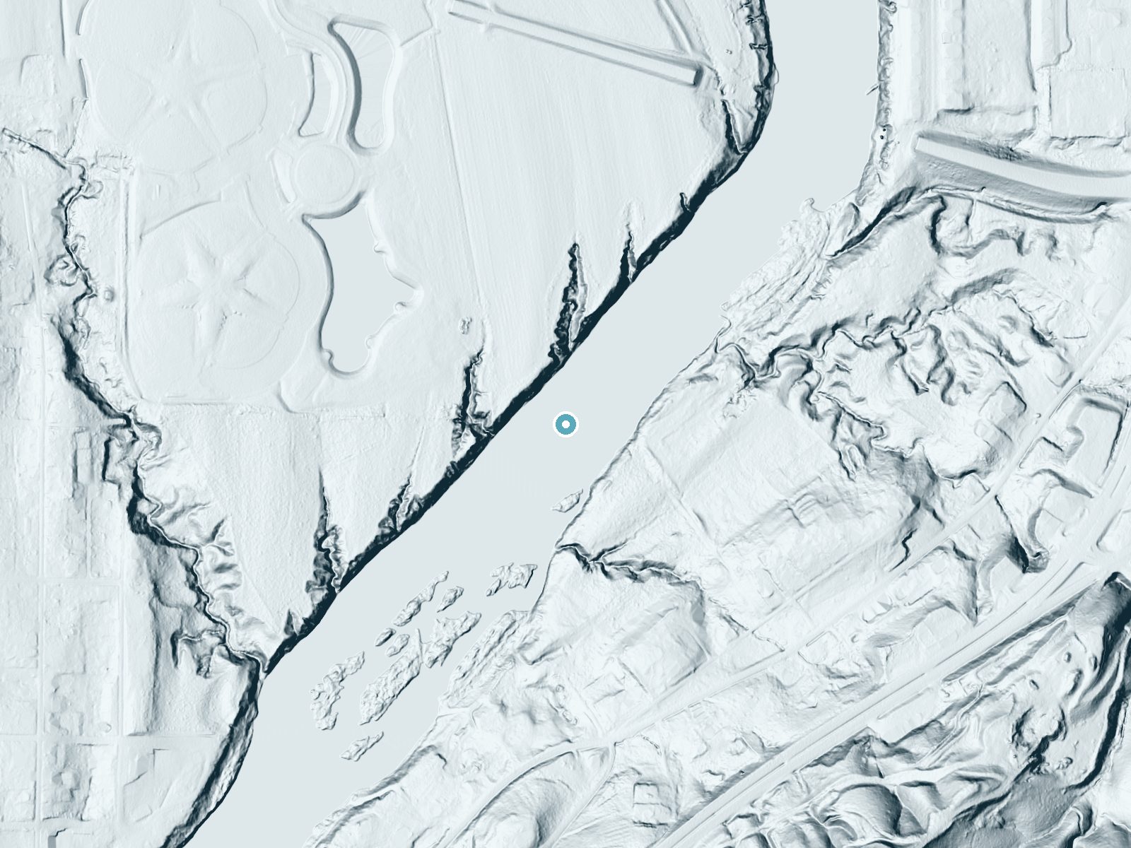 LiDAR bare-earth terrain around Wetumpka Falls near Wetumpka, Alabama, showing about 47 feet of drop, a steep tiered drop, facing southeast