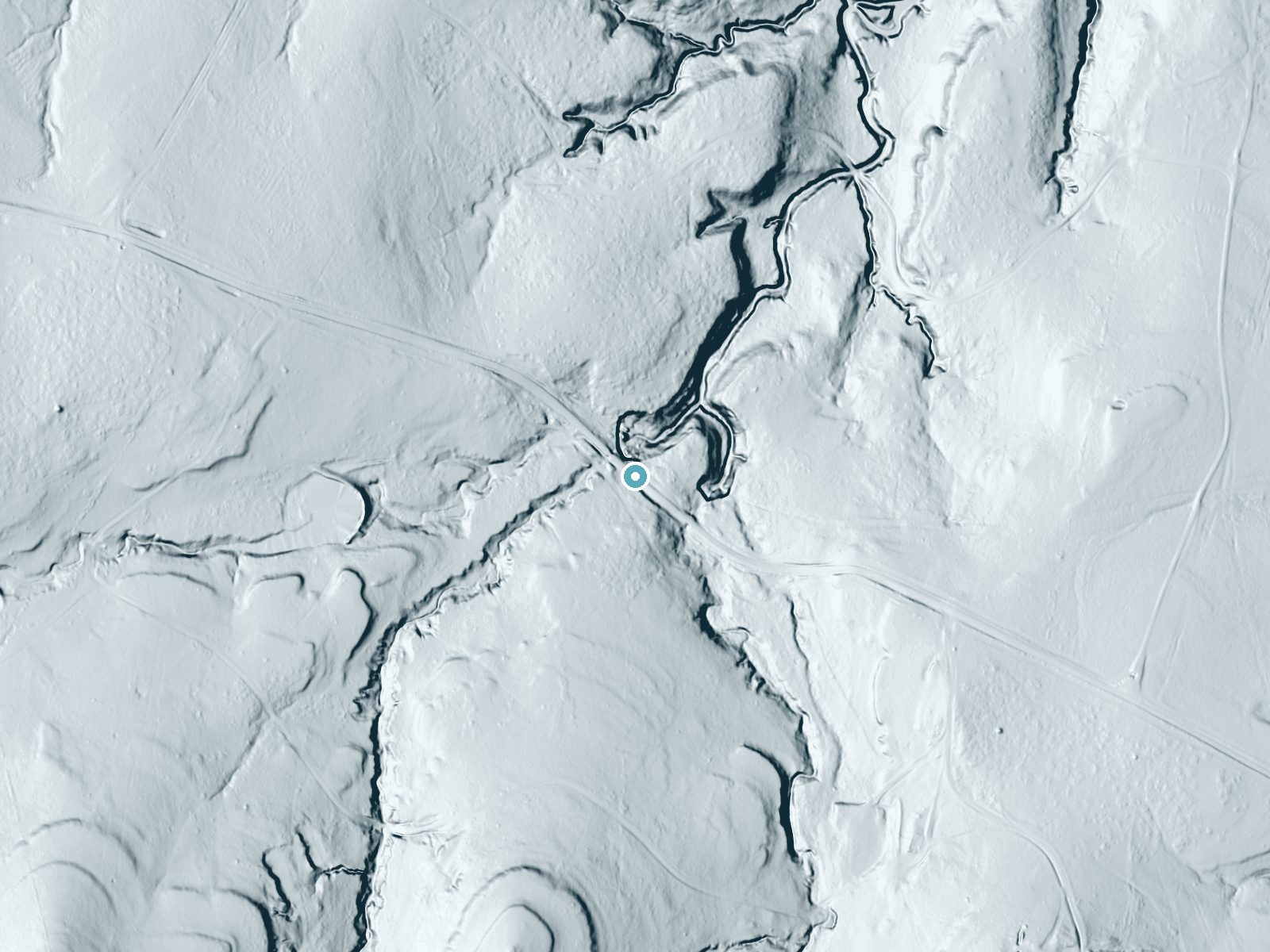 LiDAR bare-earth terrain around Rock Falls near Annetta, Texas, showing about 49 feet of drop, a long cascade, facing north