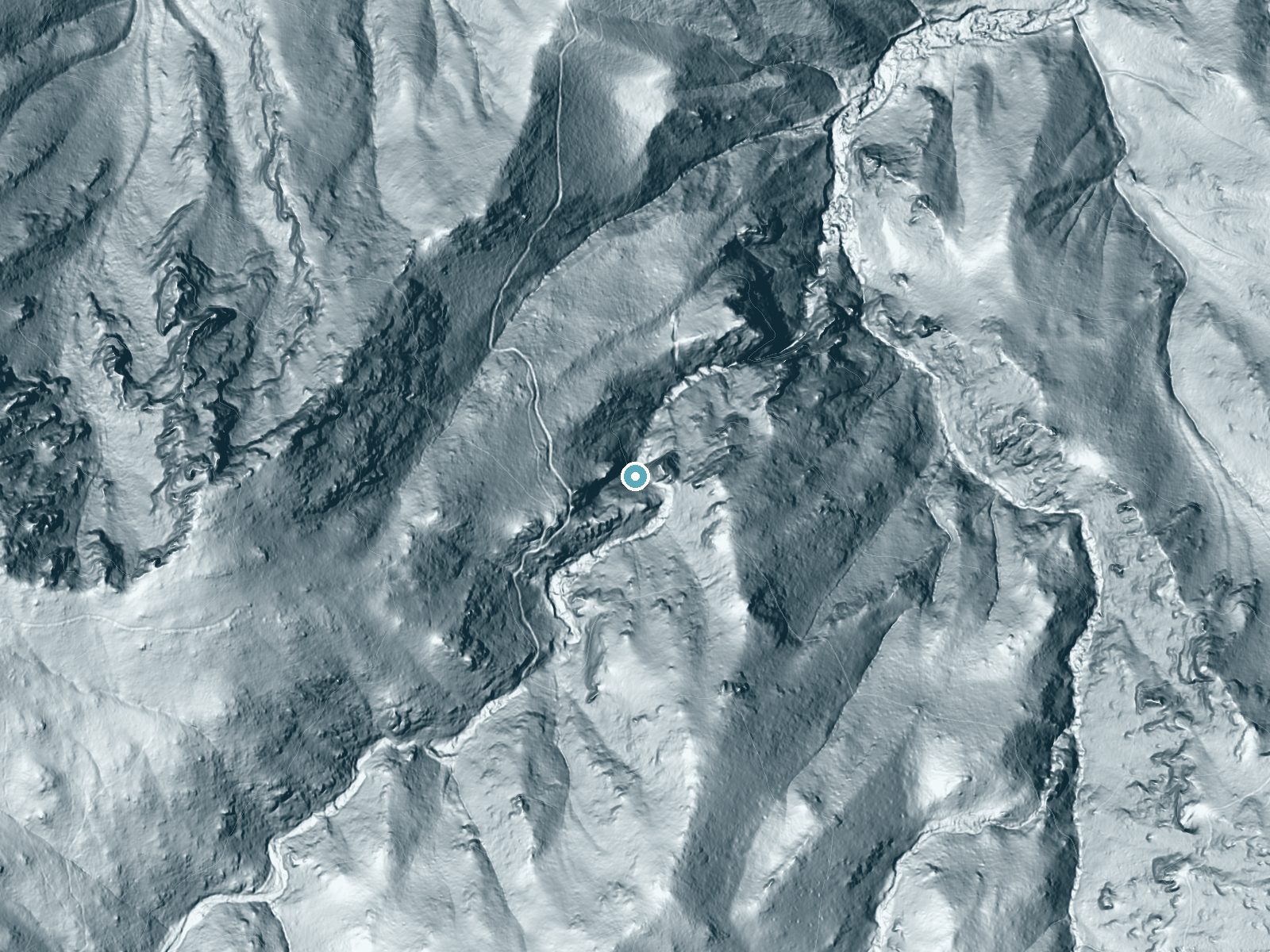 LiDAR bare-earth terrain around Ash Creek Falls near Swift Trail Junction, Arizona, showing about 394 feet of drop, a single sheer drop, facing north