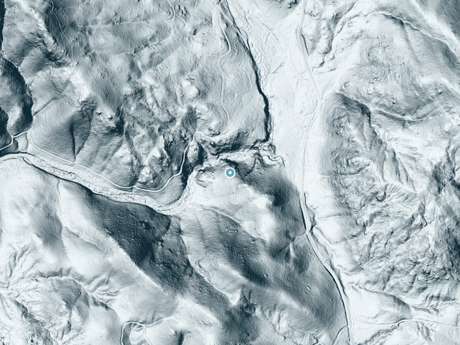 LiDAR bare-earth terrain around Green Valley Falls near Descanso, California, showing about 187 feet of drop, a steep tiered drop, facing northwest