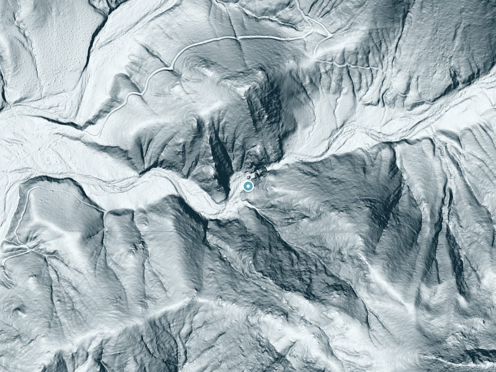 LiDAR bare-earth terrain around Cedar Creek Falls near San Diego Country Estates, California, showing about 240 feet of drop, a steep tiered drop, facing west