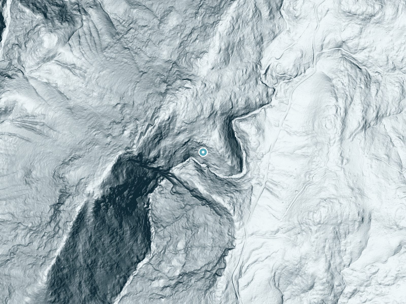 LiDAR bare-earth terrain around Mildred Falls near San Diego Country Estates, California, showing about 221 feet of drop, a steep tiered drop, facing southwest