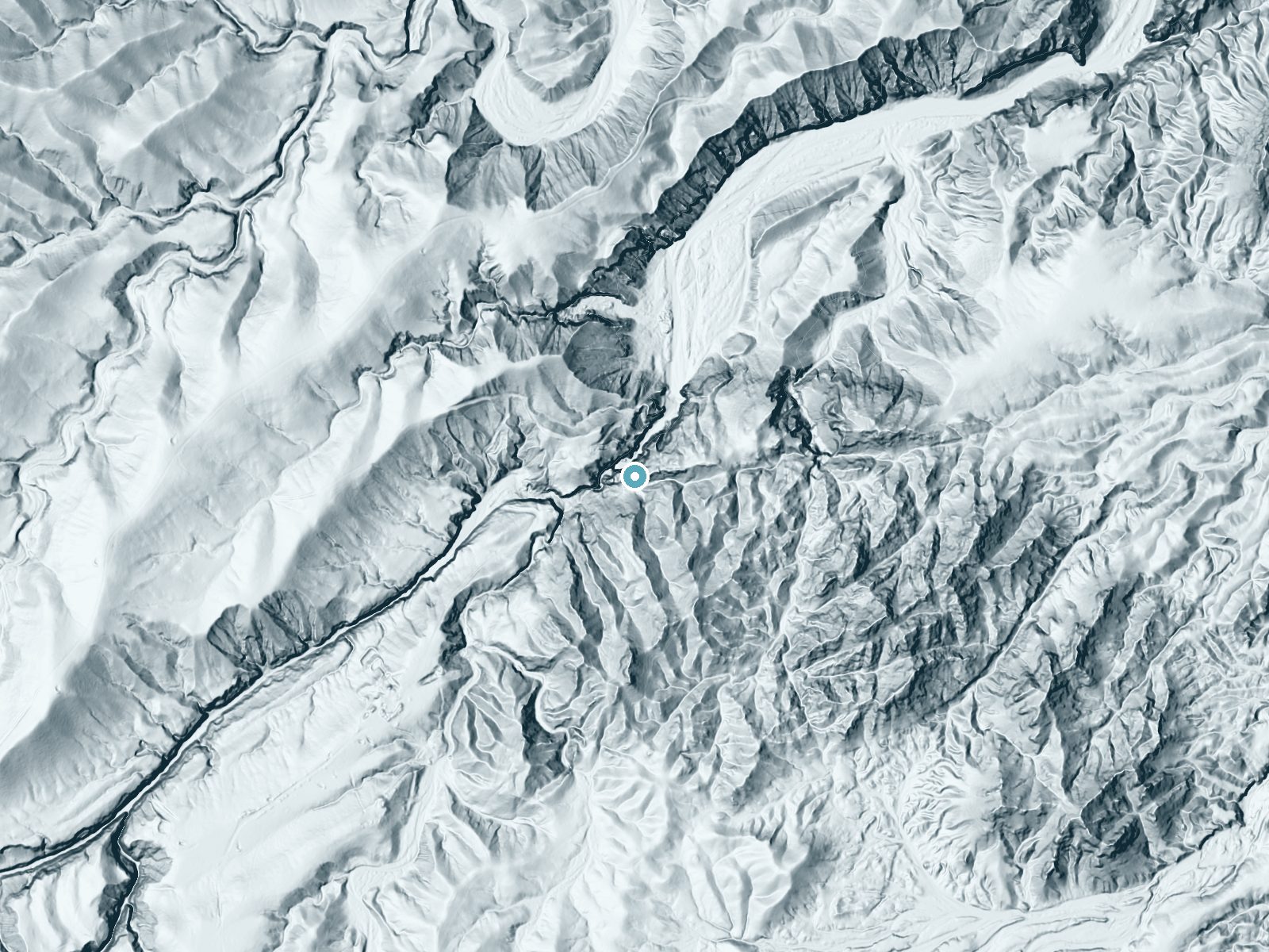 LiDAR bare-earth terrain around Bear Canyon Falls near Martinez Lake, California, showing about 164 feet of drop, a steep tiered drop, facing northwest
