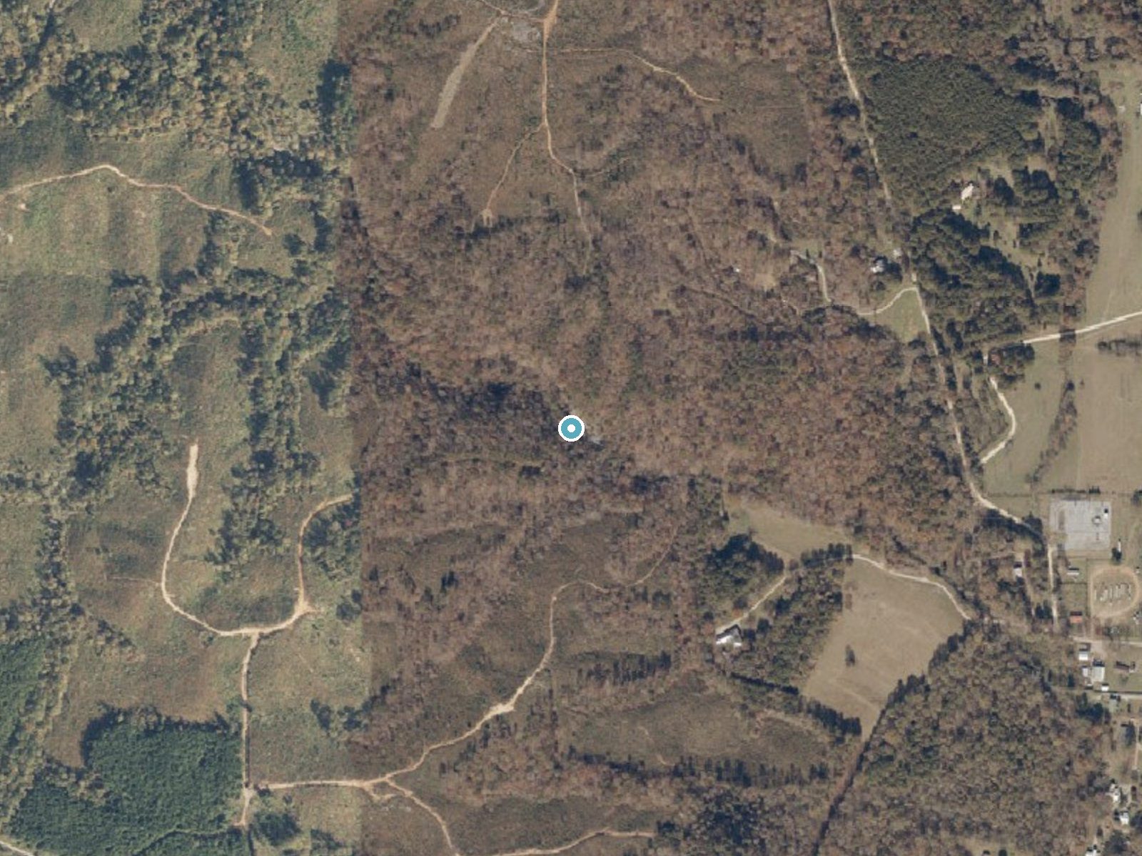 Aerial photo of the same ground around Davis Falls near Montevallo, Alabama, for comparison with the lidar view
