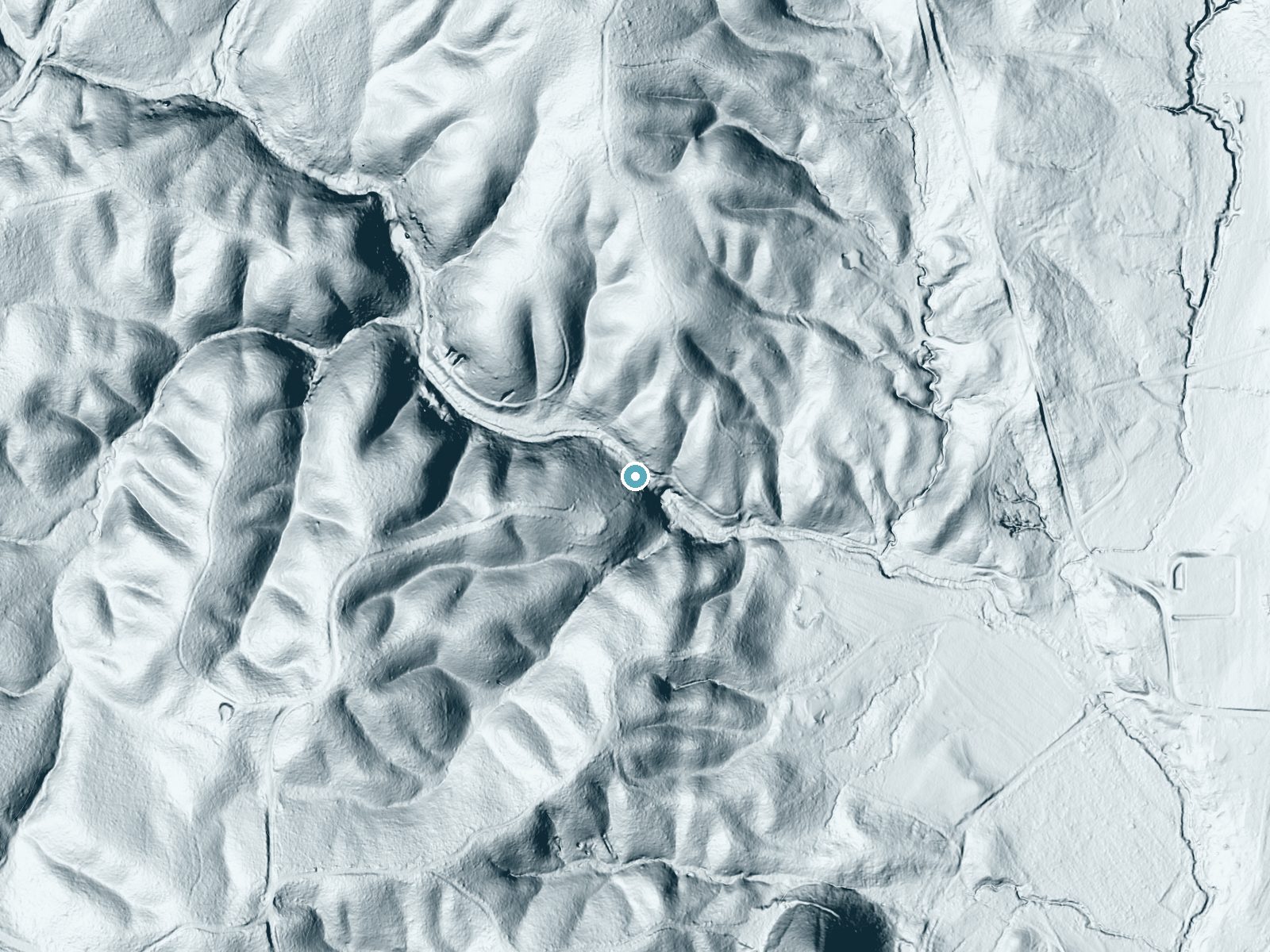 LiDAR bare-earth terrain around Davis Falls near Montevallo, Alabama, showing about 124 feet of drop, a long cascade, facing east