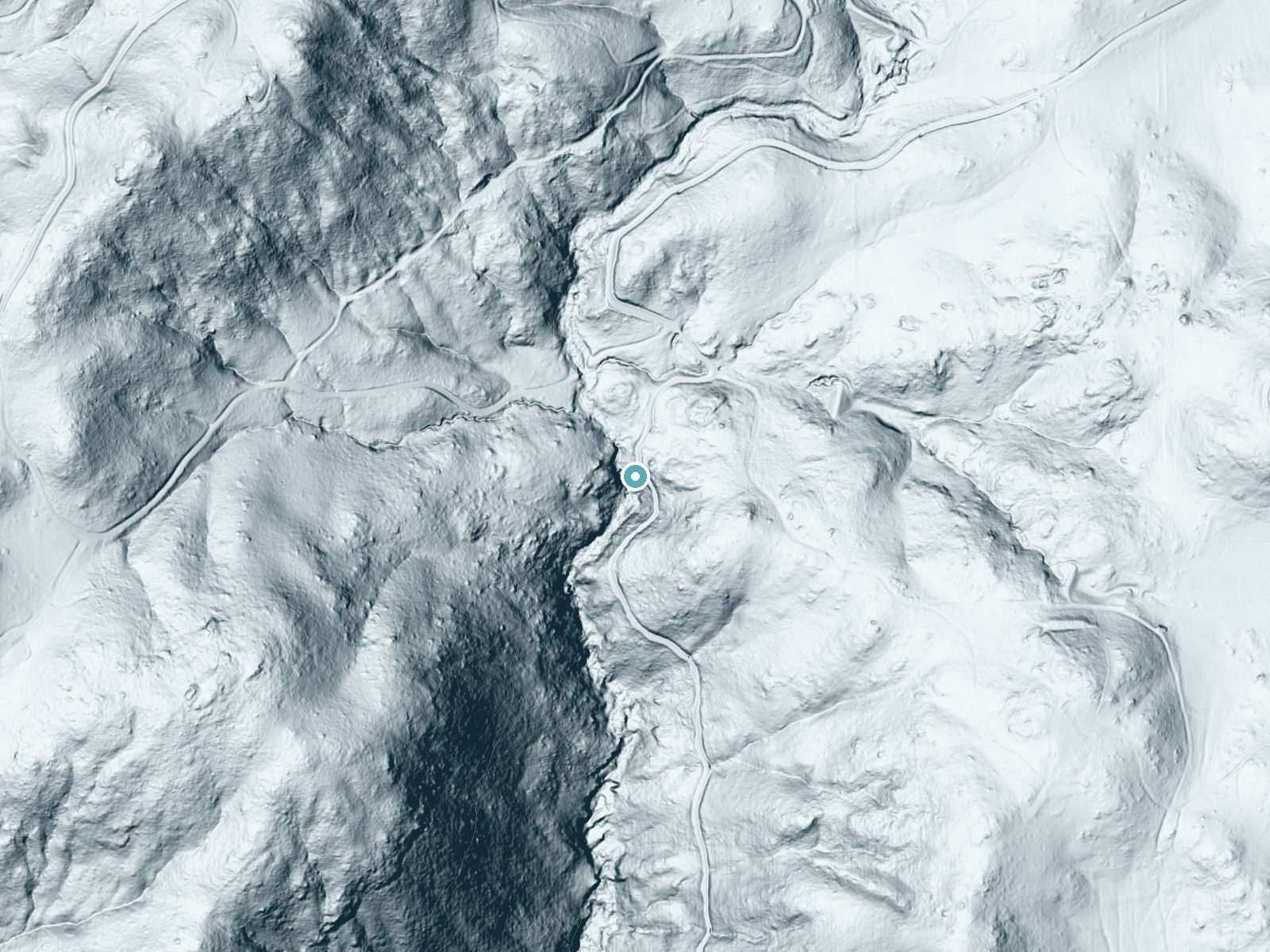 LiDAR bare-earth terrain around Washtub Falls near San Diego Country Estates, California, showing about 144 feet of drop, a steep tiered drop, facing southwest