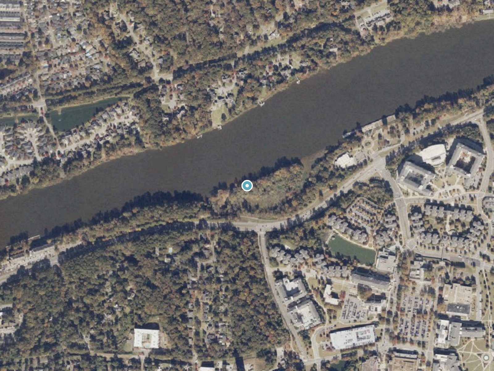 Aerial photo of the same ground around University Falls (historical) near Tuscaloosa, Alabama, for comparison with the lidar view