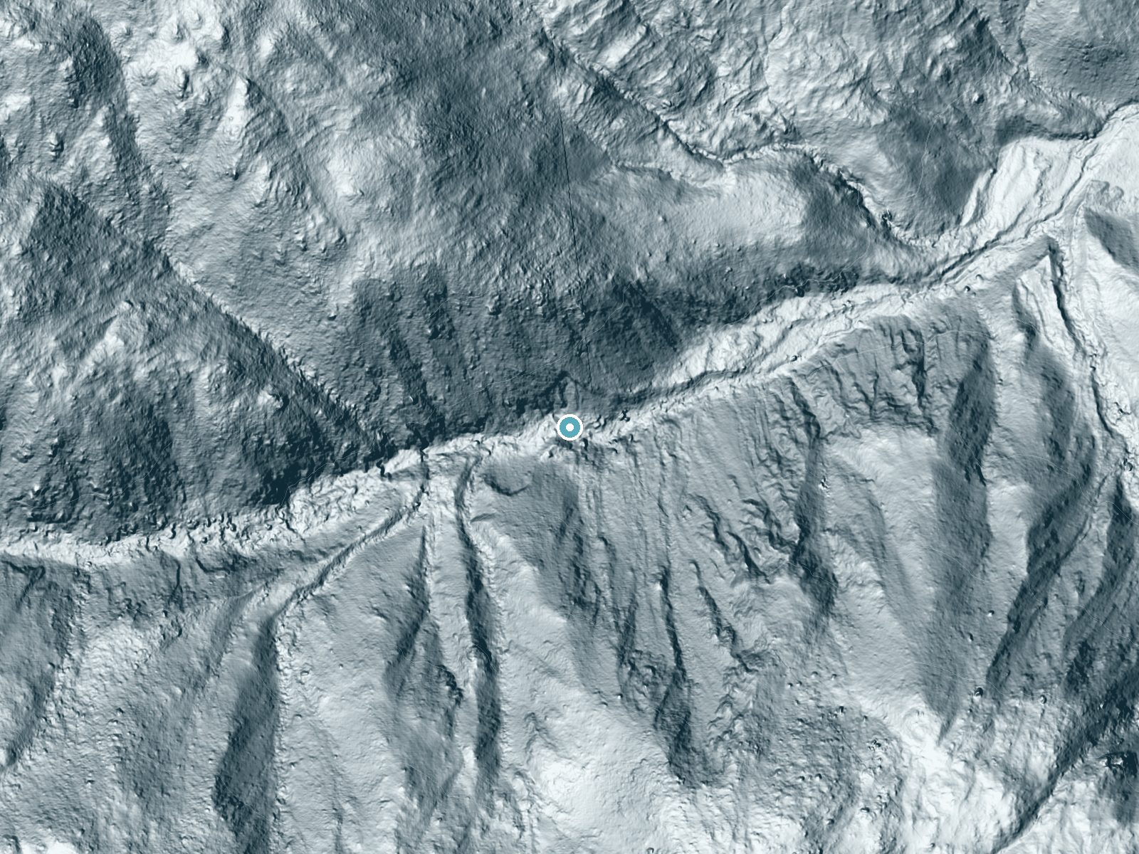 LiDAR bare-earth terrain around Maidenhair Falls near Borrego Springs, California, showing about 243 feet of drop, a steep tiered drop, facing southeast