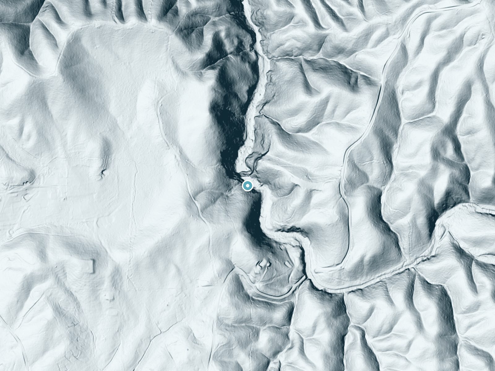 LiDAR bare-earth terrain around Salt Creek Falls near Munford, Alabama, showing about 173 feet of drop, a steep tiered drop, facing north