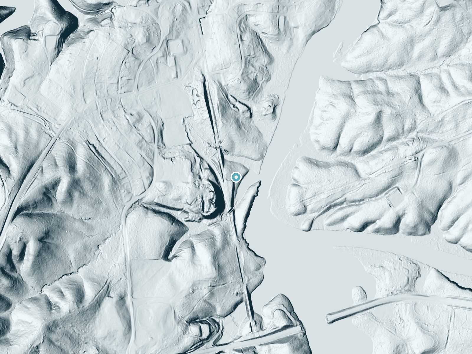 LiDAR bare-earth terrain around Village Falls near Mulga, Alabama, showing about 44 feet of drop, a long cascade, facing east